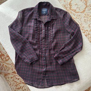 American Eagle Women’s Blue & Red Plaid Button Down Long Sleeve Top Sz L